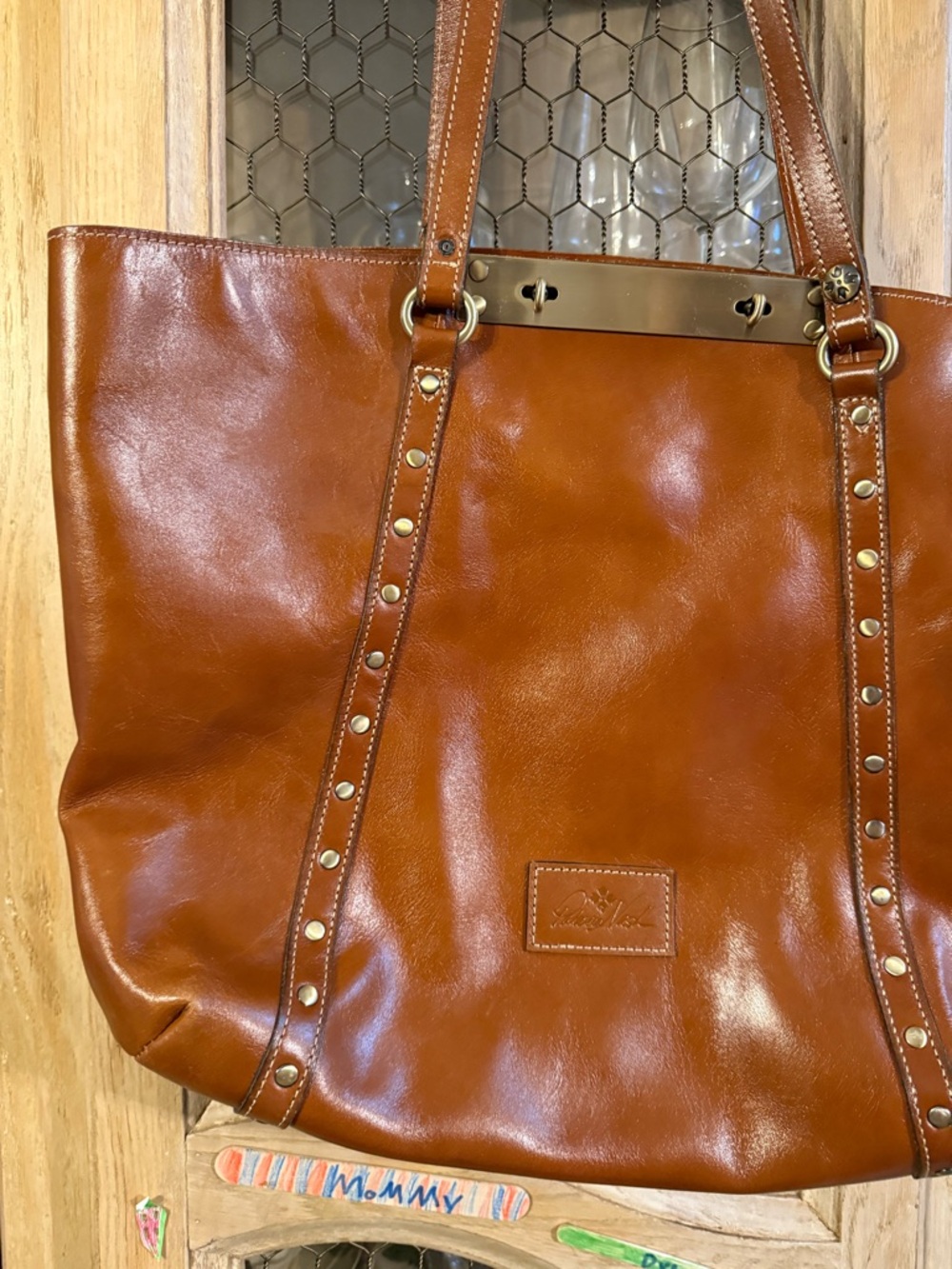 Patricia Nash Leather Tote Bag in Cognac Brown - Classic Studded Design - Picture 4 of 9